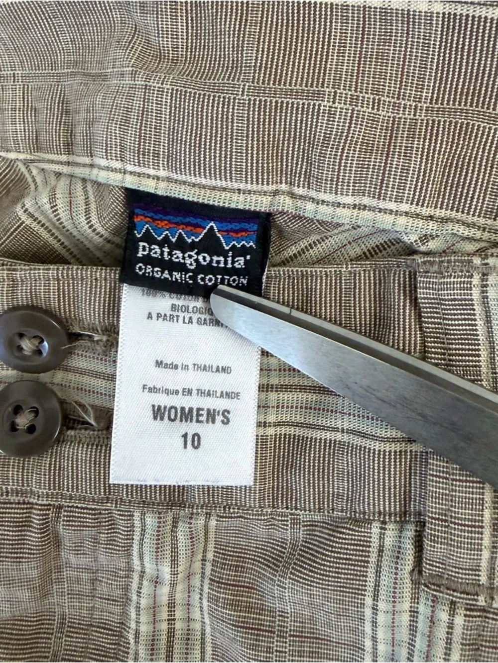 Patagonia Organic Cotton Pants Women's Size 10 Beige Plaid Mid Rise Straight Leg